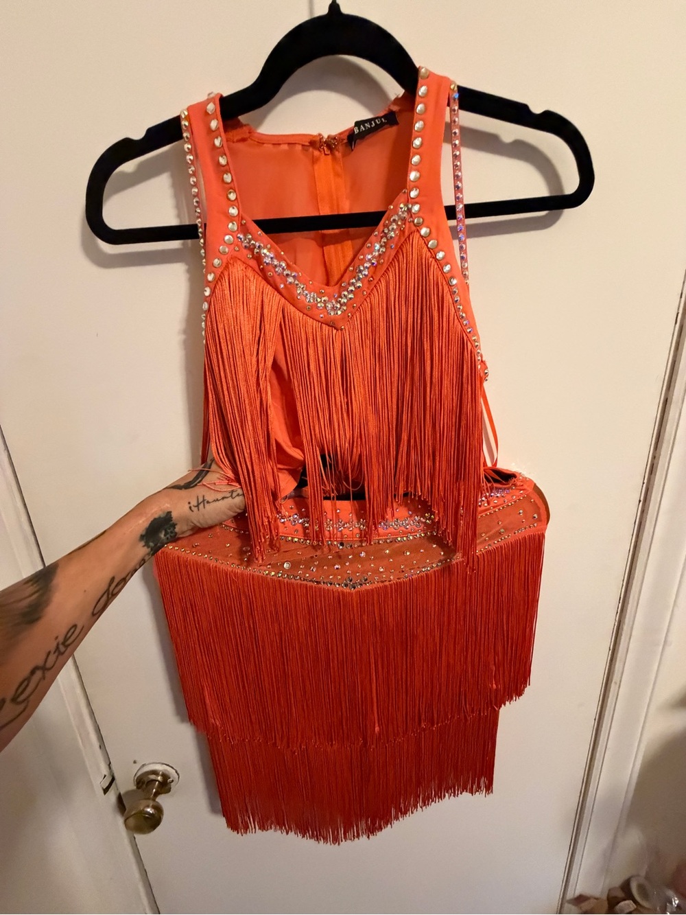 Banjul Orange Fringe Party Set with Crystal Trim Brand New Size Small